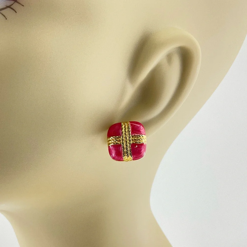 Vintage Pink Enamel Earrings, Mini Gift Box Stud Earrings, Pink & Gold